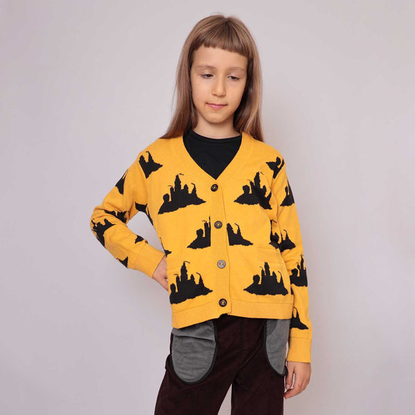 Yellow Knitted Girls and Boys Cardigan with Beach Castle