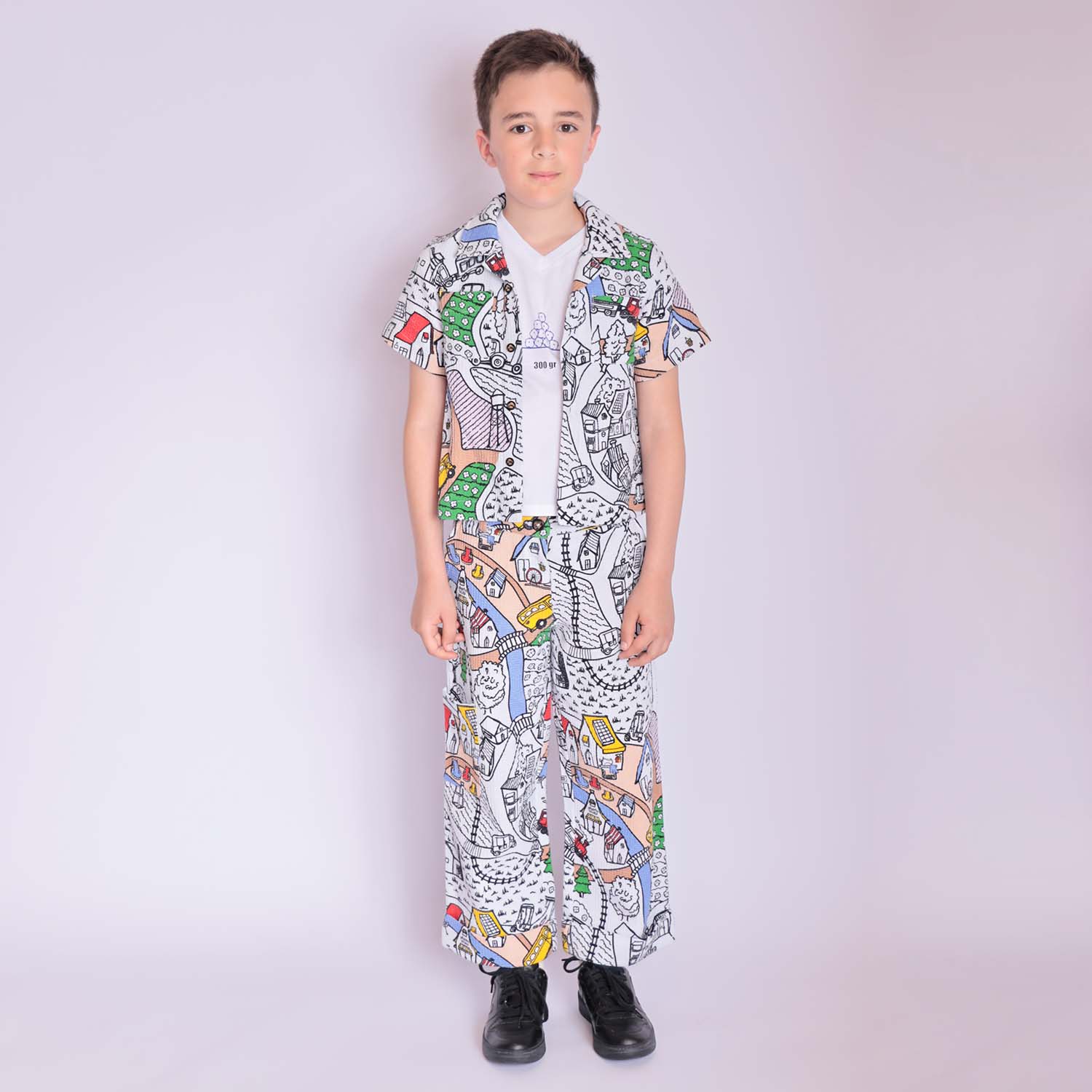 Village Print Boys and Girls Button Up Shirt