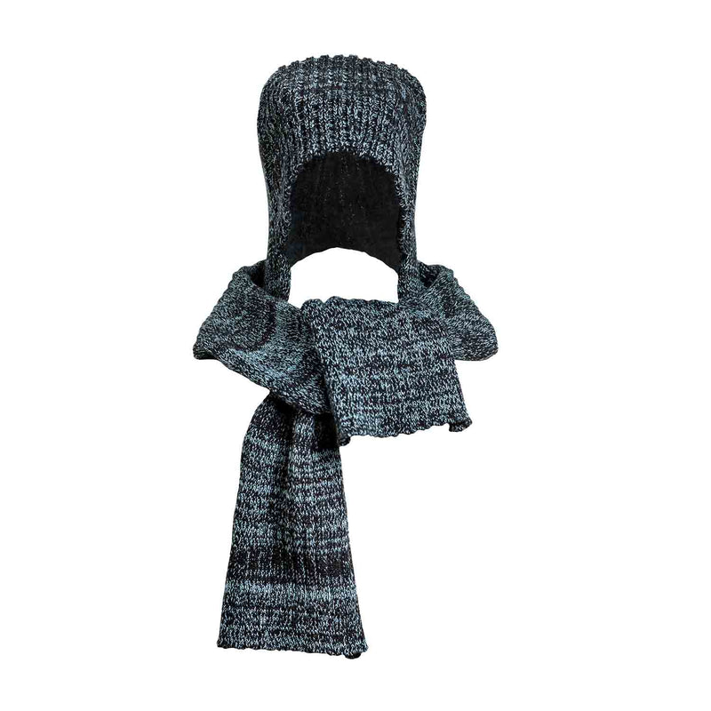 Zwart en blauw gebreide muts-sjaal