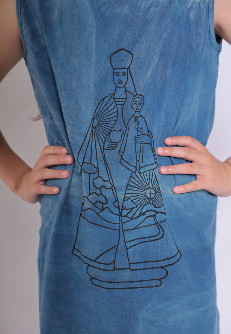 Artisanaal T-shirt Jurk Natuurlijk Indigo Geverfd met Hand Block Print