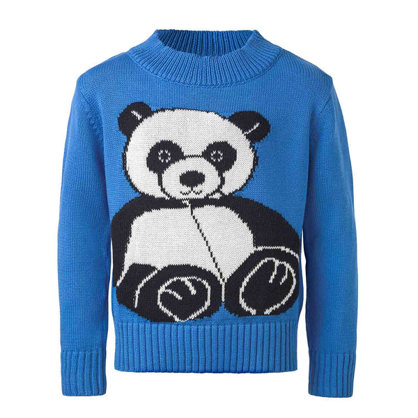 Blauwe gebreide trui met panda