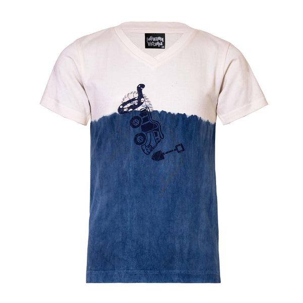 Ambachtelijk T-shirt, natuurlijk geverfd indigo met handafdruk